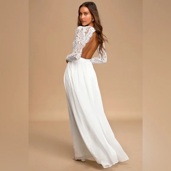 Long sleeve lace white Lulus maxi dress, cut out back Long sleeve lace white Lulus maxi dress, cut out back
